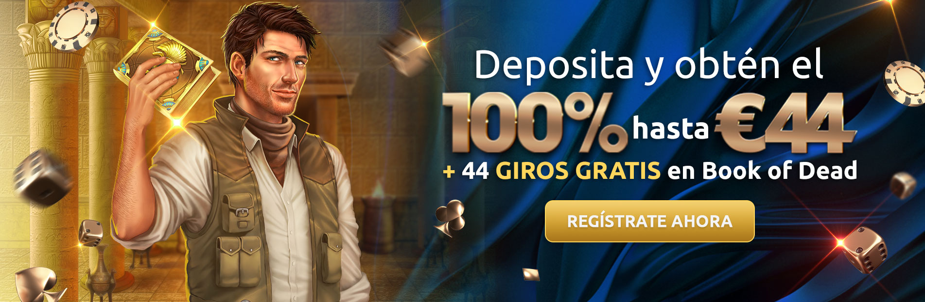 deposita y obten el 100% hasta €44 + 44 Giros Gratis en Book of Dead